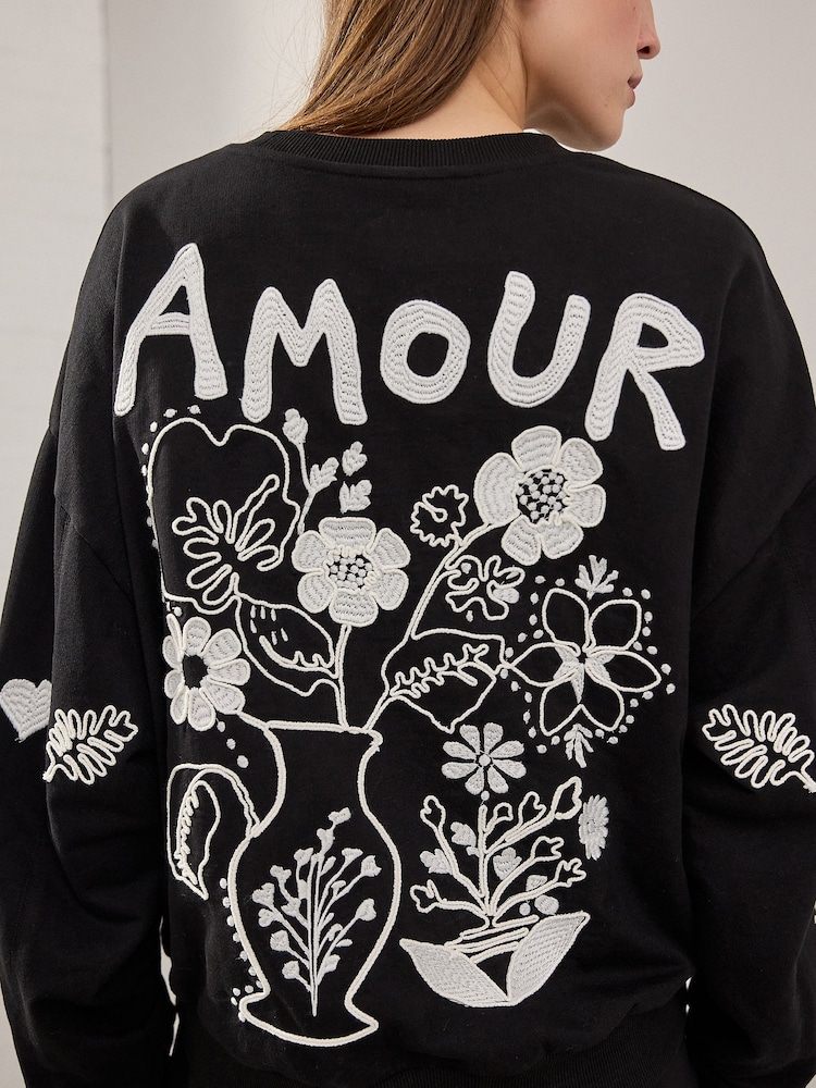 Navy Blue/Ecru Amour Love Heavily Embroidered Luxe Back Graphic 100% Cotton Sweatshirt - Image 5 of 5