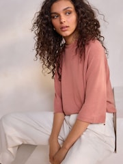 Blush Rose Pink Soft Touch Cosy Crew Neck Boxy Mid Short Sleeve Jumper Top - Image 1 of 6