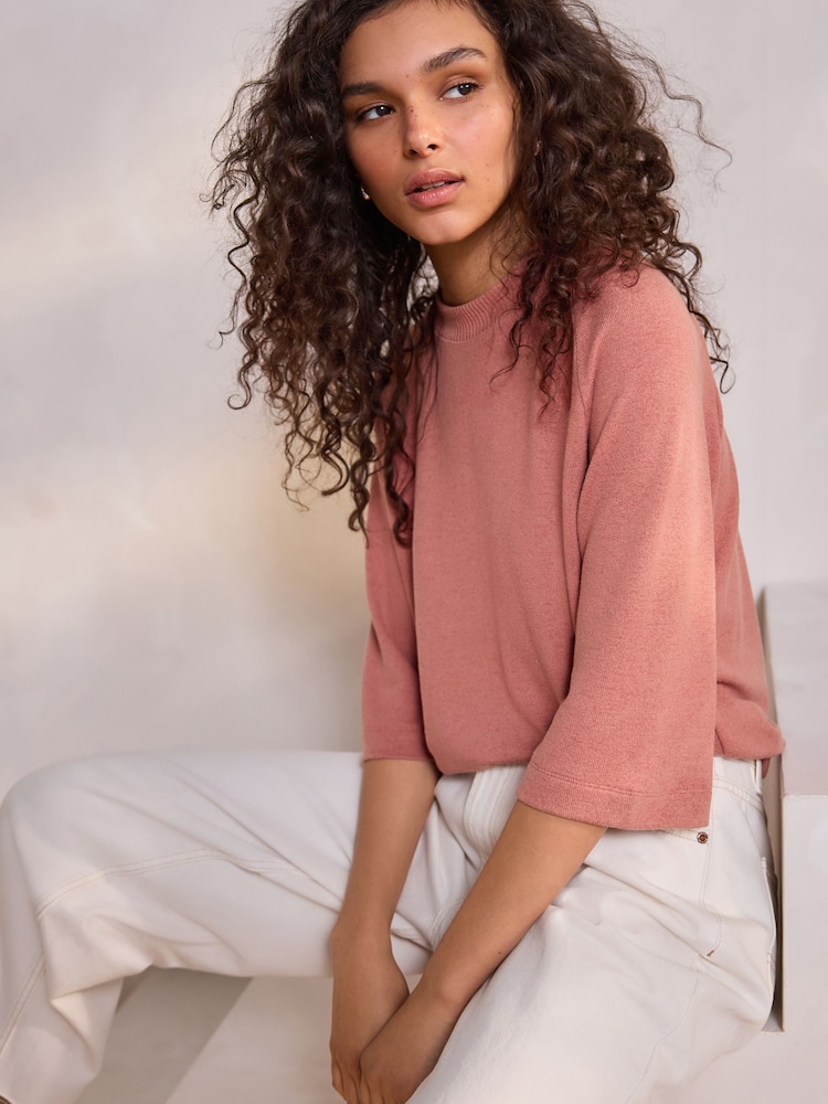 Blush Rose Pink Soft Touch Cosy Crew Neck Boxy Mid Short Sleeve Jumper Top - Image 1 of 6