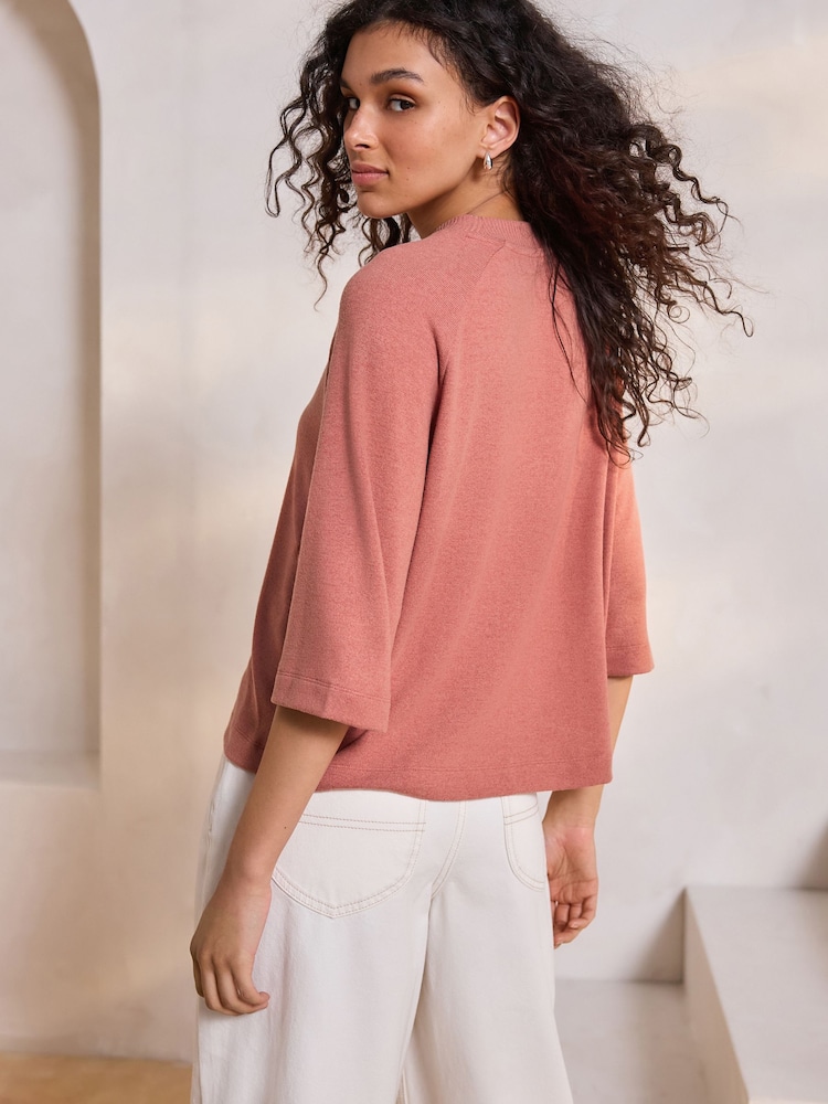 Blush Rose Pink Soft Touch Cosy Crew Neck Boxy Mid Short Sleeve Jumper Top - Image 2 of 6