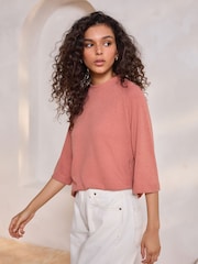 Blush Rose Pink Soft Touch Cosy Crew Neck Boxy Mid Short Sleeve Jumper Top - Image 3 of 6