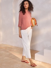 Blush Rose Pink Soft Touch Cosy Crew Neck Boxy Mid Short Sleeve Jumper Top - Image 4 of 6