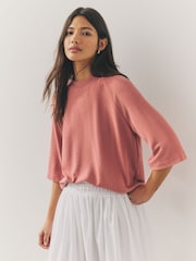Blush Rose Pink Soft Touch Cosy Crew Neck Boxy Mid Short Sleeve Jumper Top - Image 6 of 6