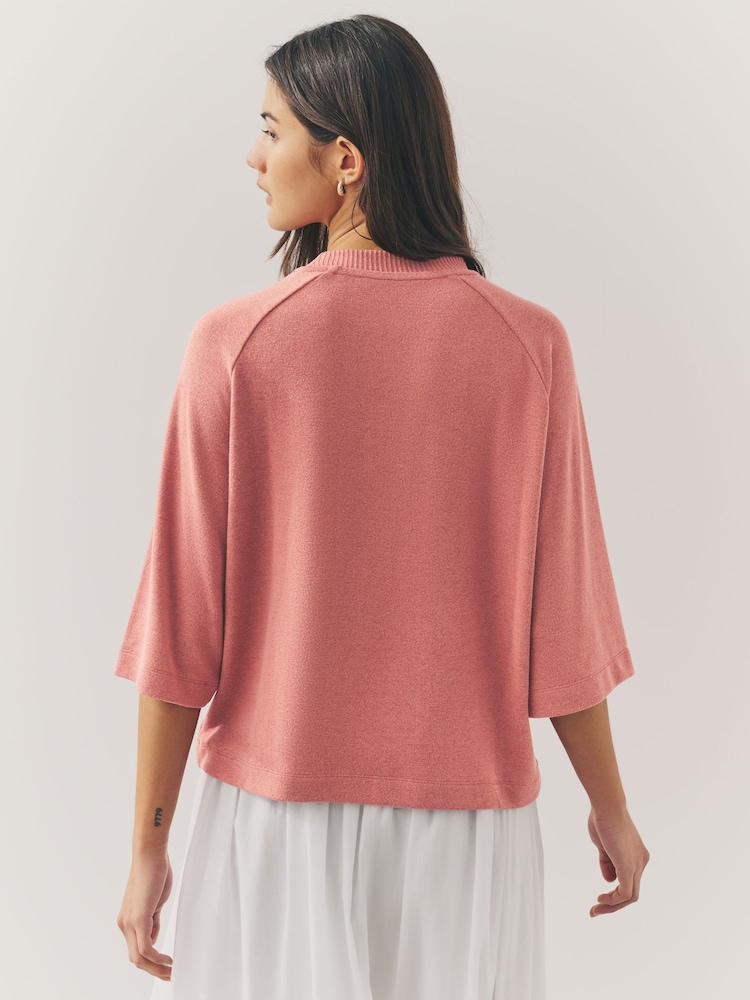 Blush Rose Pink Soft Touch Cosy Crew Neck Boxy Mid Short Sleeve Jumper Top - Image 7 of 11