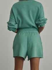 Teal Blue Raw Hem Detail Washed 100% Cotton Jersey Shorts - Image 3 of 7
