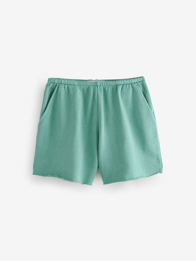 Teal Blue Raw Hem Detail Washed 100% Cotton Jersey Shorts - Image 5 of 7