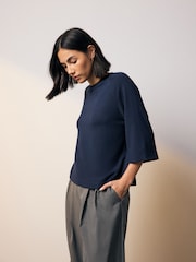 Blue/Navy Soft Touch Cosy Crew Neck Boxy Mid Short Sleeve Jumper Top - Image 1 of 7