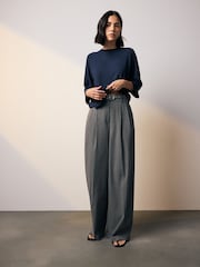 Blue/Navy Soft Touch Cosy Crew Neck Boxy Mid Short Sleeve Jumper Top - Image 2 of 7
