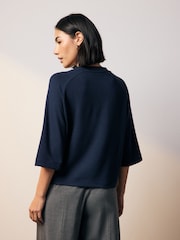 Blue/Navy Soft Touch Cosy Crew Neck Boxy Mid Short Sleeve Jumper Top - Image 3 of 7