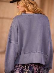 Indigo Denim Blue Raw Hem Detail Washed 100% Cotton Crew Neck Sweatshirt - Image 4 of 4
