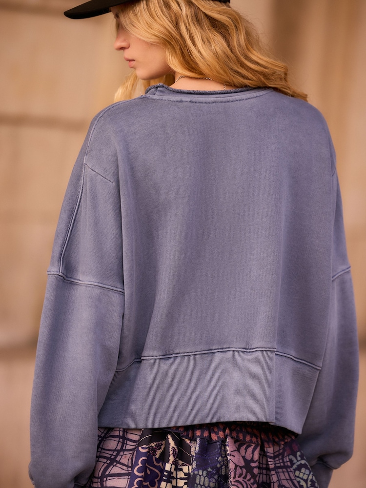 Indigo Denim Blue Raw Hem Detail Washed 100% Cotton Crew Neck Sweatshirt - Image 4 of 4