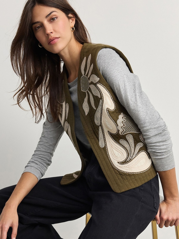 Khaki Green Quilted Floral Pattern Boho Embroidered Gilet - Image 3 of 7