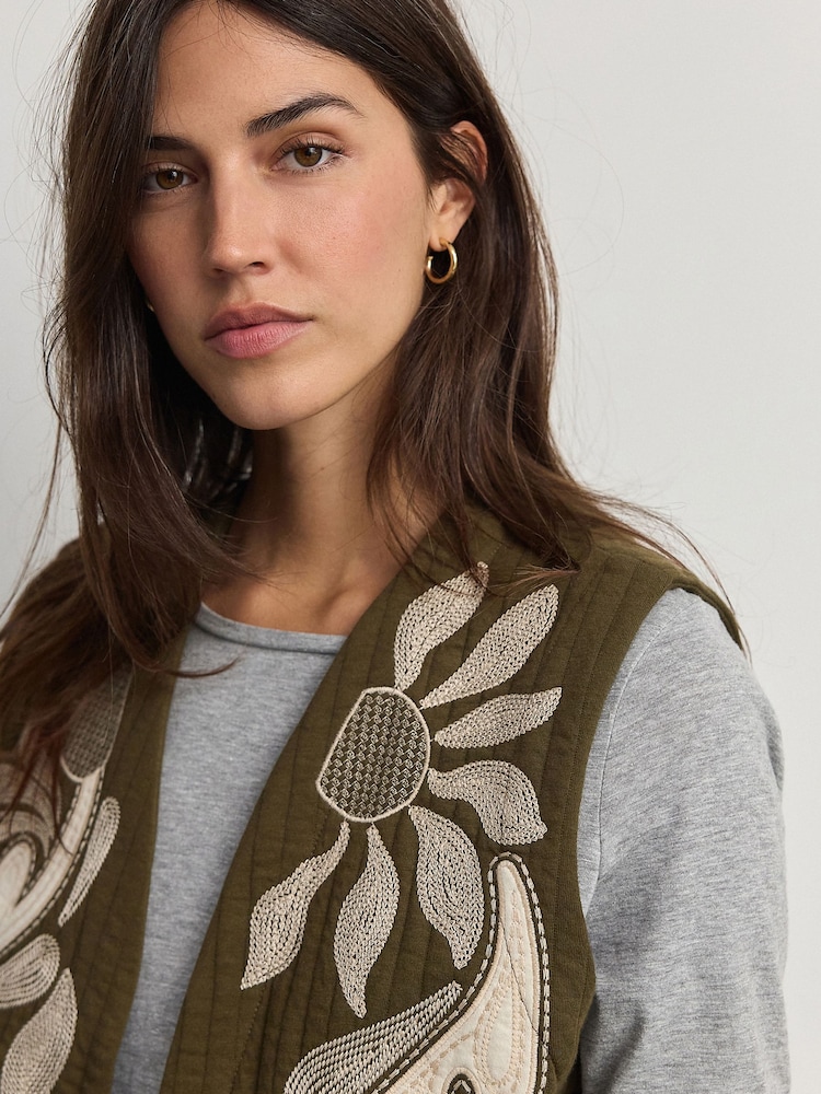 Khaki Green Quilted Floral Pattern Boho Embroidered Gilet - Image 4 of 7