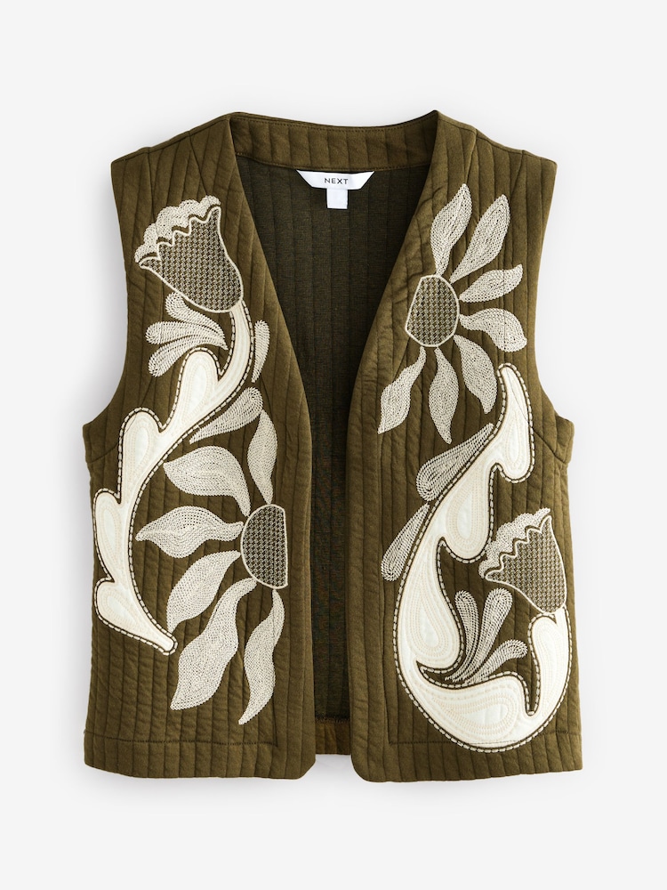 Khaki Green Quilted Floral Pattern Boho Embroidered Gilet - Image 5 of 7