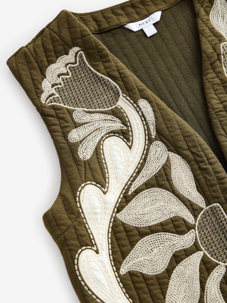 Khaki Green Quilted Floral Pattern Boho Embroidered Gilet - Image 6 of 7