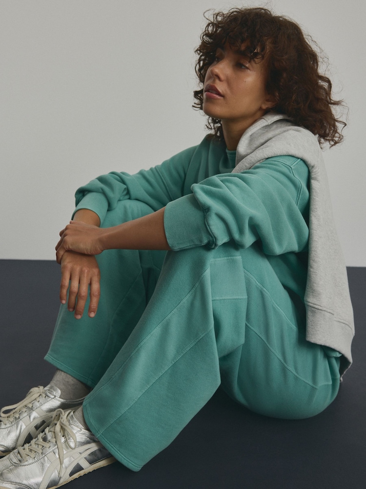 Teal Blue Elevated Wide Leg Washed Look 100% Cotton Joggers - Image 1 of 7