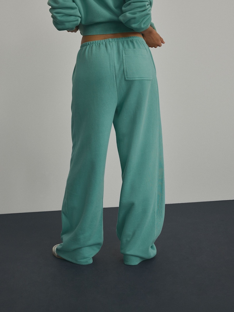 Teal Blue Elevated Wide Leg Washed Look 100% Cotton Joggers - Image 3 of 7
