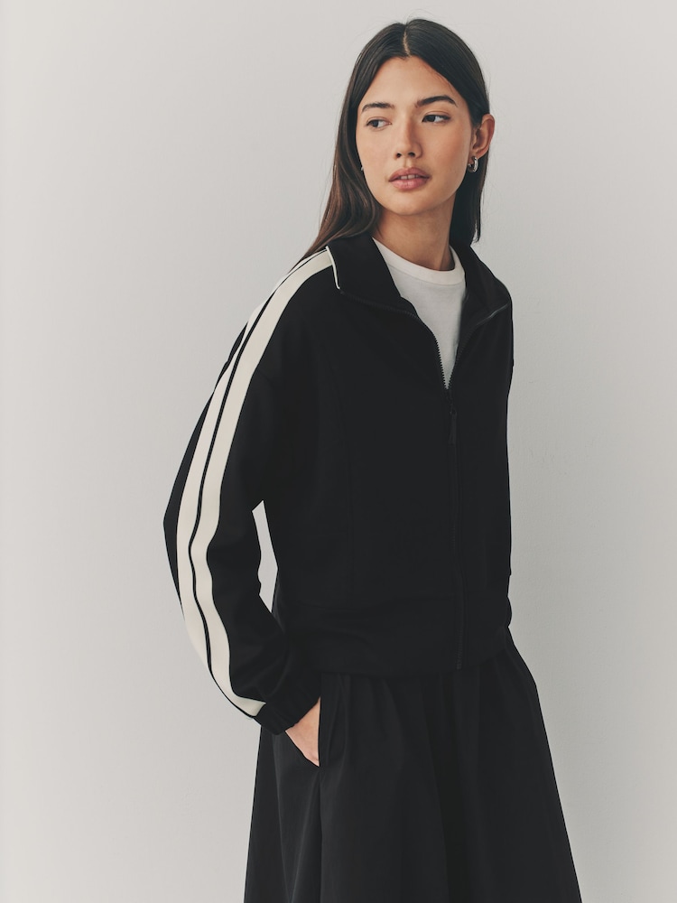 Black Slinky Side Stripe Zip Through Track Top Jacket - Image 1 of 8