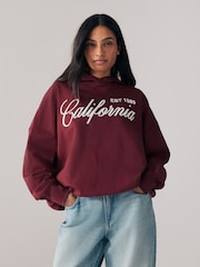 Burgundy Red Oversized Relaxed Fit California Heavy Embroidery City Graphic Brushed Longline Hoodie Sweatshirt - Image 1 of 7