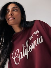 Burgundy Red Oversized Relaxed Fit California Heavy Embroidery City Graphic Brushed Longline Hoodie Sweatshirt - Image 3 of 7