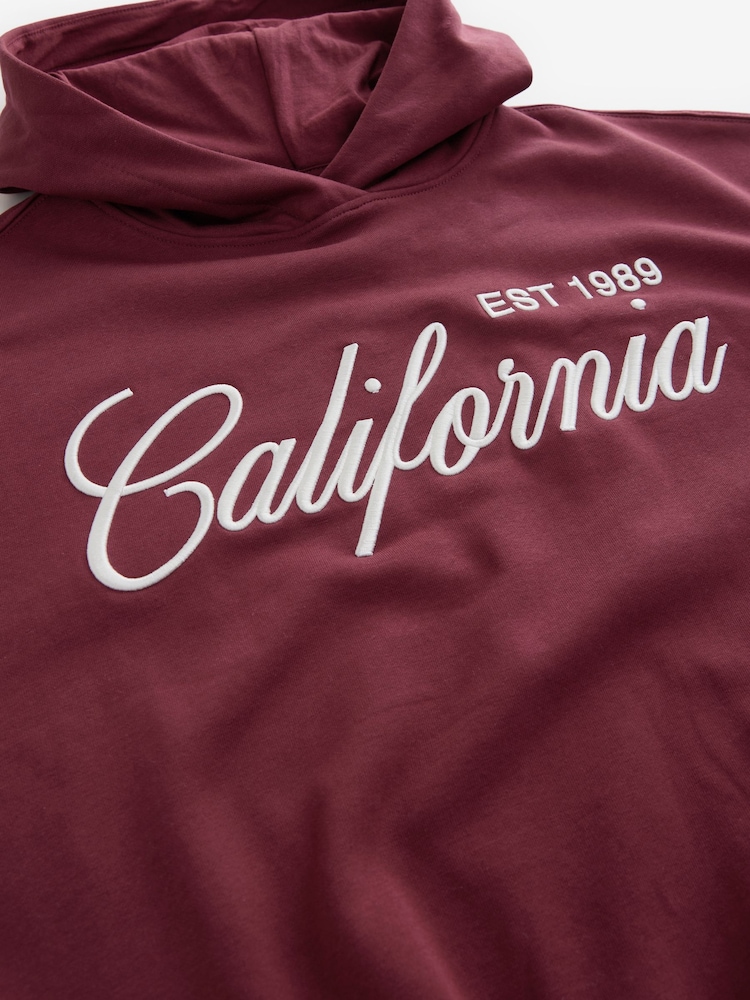 Burgundy Red Oversized Relaxed Fit California Heavy Embroidery City Graphic Brushed Longline Hoodie Sweatshirt - Image 7 of 7
