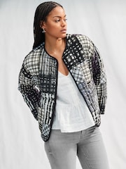 Indigo Blue/Navy Patchwork Print Quilted Popper Front 100% Cotton Jacket - Image 1 of 7
