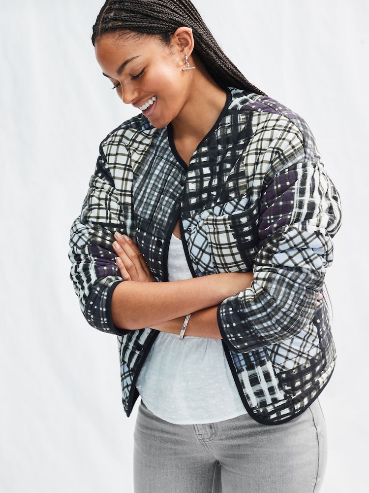 Indigo Blue/Navy Patchwork Print Quilted Popper Front 100% Cotton Jacket - Image 2 of 7