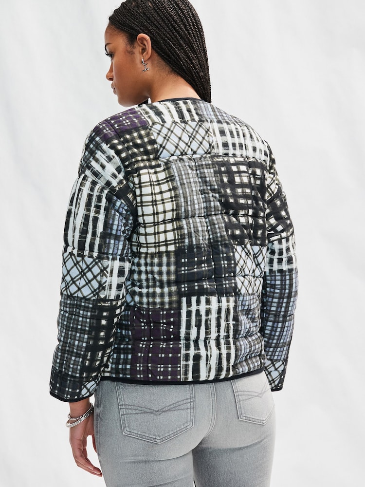 Indigo Blue/Navy Patchwork Print Quilted Popper Front 100% Cotton Jacket - Image 3 of 7