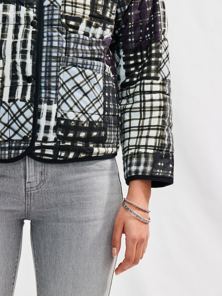 Indigo Blue/Navy Patchwork Print Quilted Popper Front 100% Cotton Jacket - Image 4 of 7