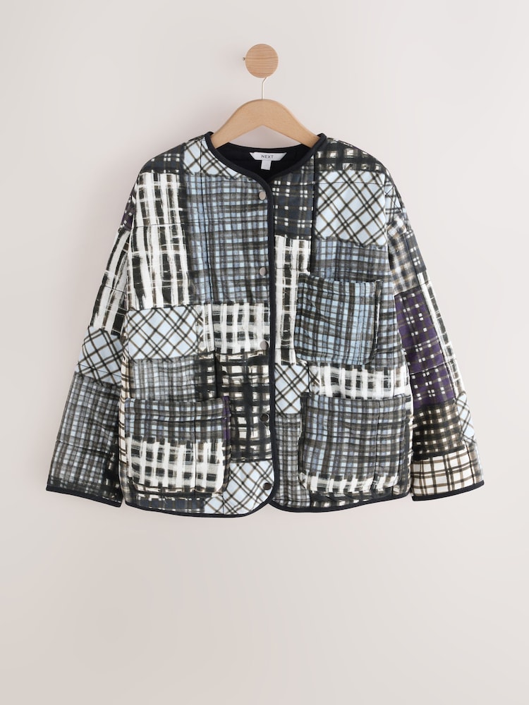 Indigo Blue/Navy Patchwork Print Quilted Popper Front 100% Cotton Jacket - Image 5 of 7