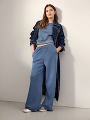 Indigo Blue Elevated Wide Leg Washed Look 100% Cotton Joggers - Image 1 of 4