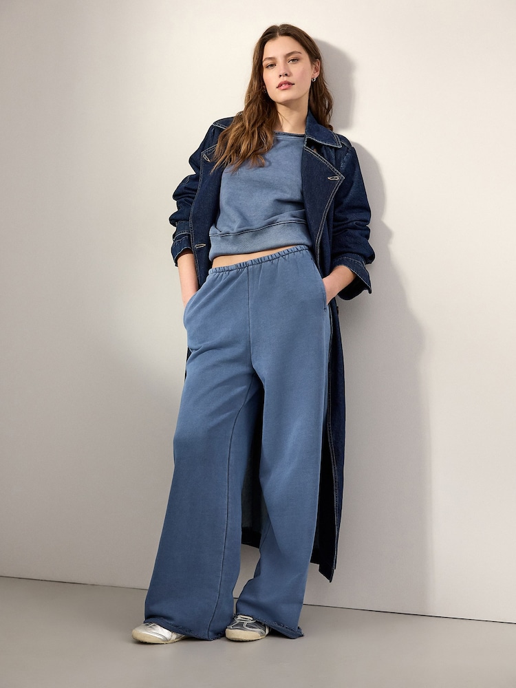 Indigo Blue Elevated Wide Leg Washed Look 100% Cotton Joggers - Image 1 of 4