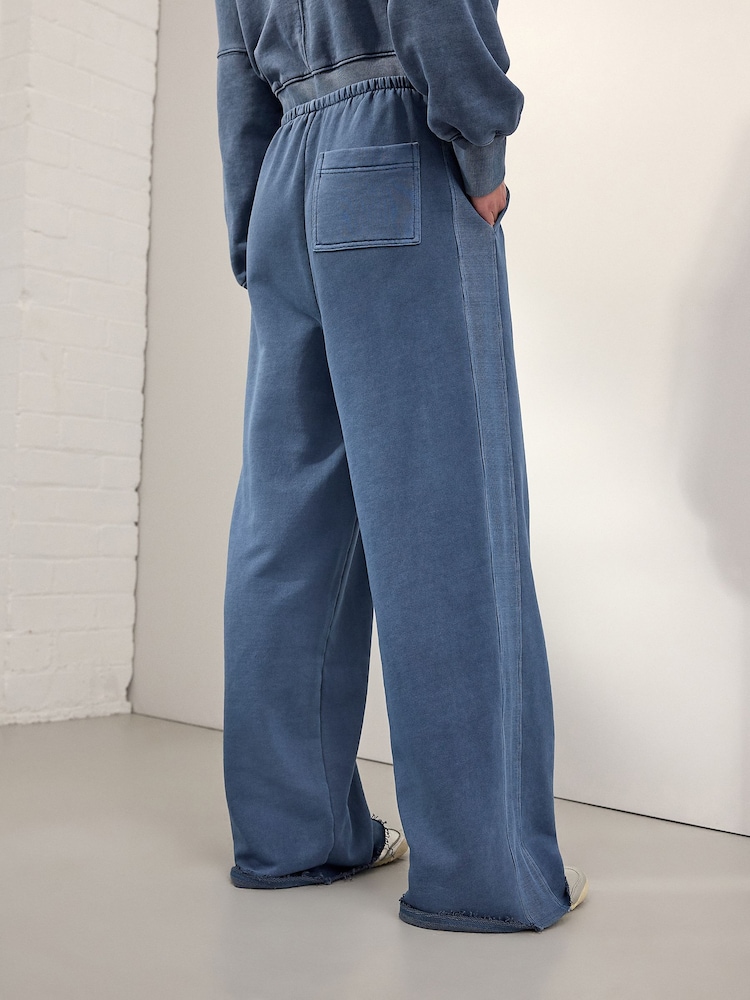 Indigoblauw - Joggingbroek met wijde pijpen en gewassen look van 100% katoen - Image 3 of 4