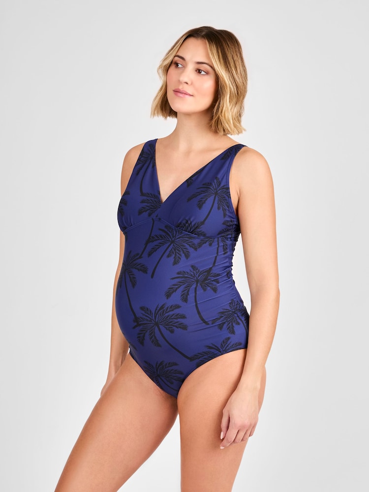 JoJo Maman Bébé Navy Maternity Palm Tree V-Neck Swimsuit - Image 1 of 6 JoJo Maman Bébé Navy Maternity Palm Tree V-Neck Swimsuit - Image 1 of 6