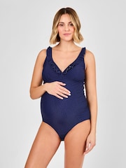 JoJo Maman Bébé Navy Maternity Spot Frill Swimsuit - Image 1 of 8