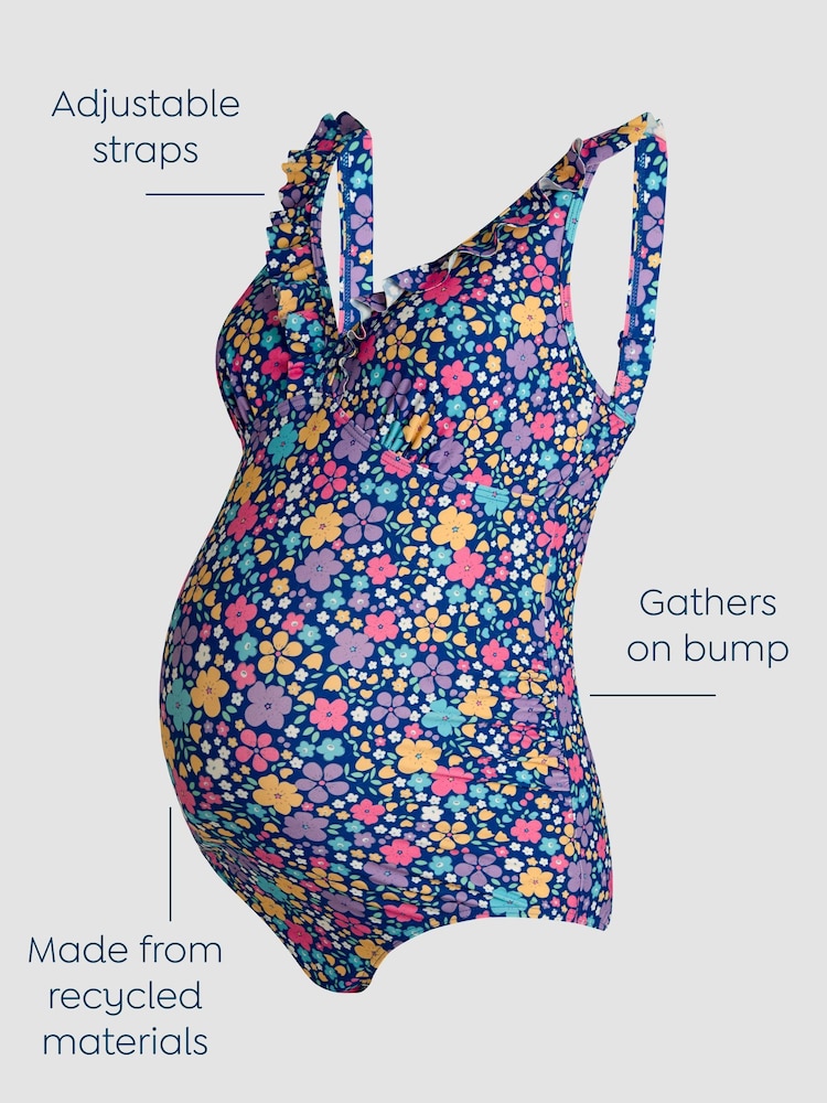 JoJo Maman Bébé Navy Maternity Floral Print Frill Swimsuit - Image 3 of 8