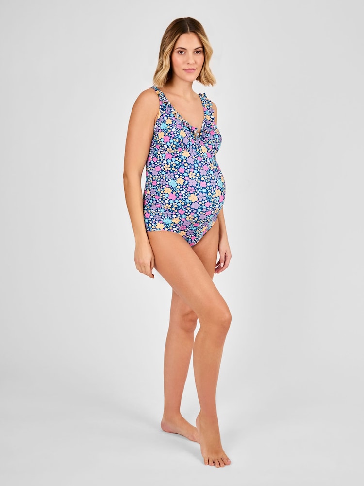 JoJo Maman Bébé Navy Maternity Floral Print Frill Swimsuit - Image 6 of 8