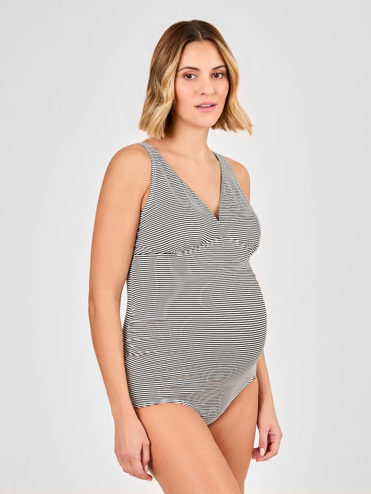 JoJo Maman Bébé Black Maternity Stripe Textured V-Neck Swimsuit - Image 1 of 6 JoJo Maman Bébé Black Maternity Stripe Textured V-Neck Swimsuit - Image 1 of 6