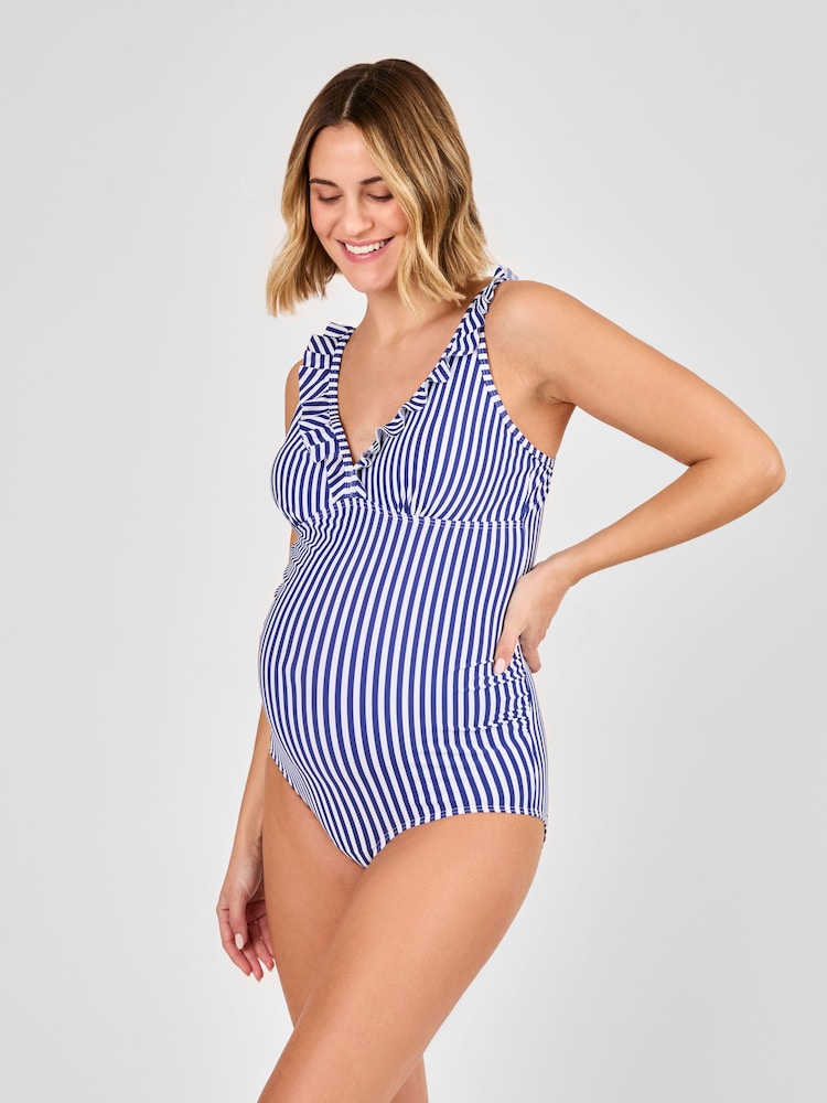 JoJo Maman Bébé Navy Maternity Stripe Frill Swimsuit - Image 2 of 9