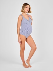 JoJo Maman Bébé Navy Maternity Stripe Frill Swimsuit - Image 6 of 9