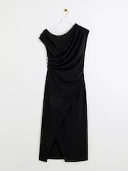 River Island Black Drape Asym Wrap Midi Dress - Image 5 of 6