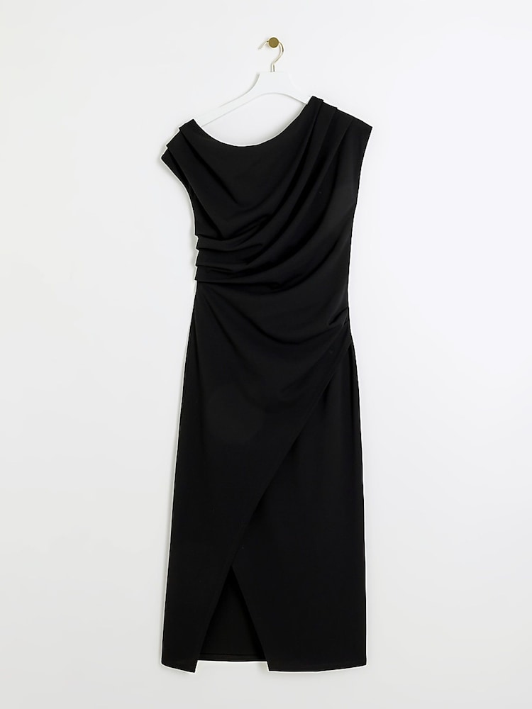 River Island Black Drape Asym Wrap Midi Dress - Image 5 of 6