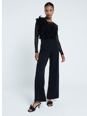 River Island Black Volume Frill Front Jumpsuit - Image 1 of 6
