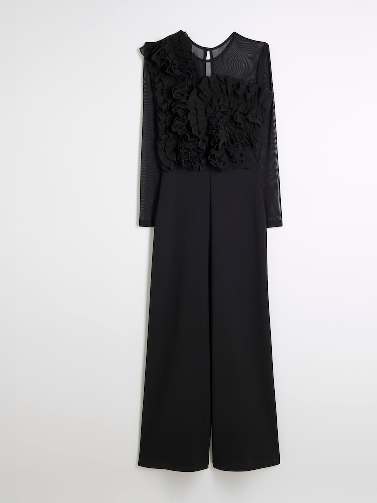 River Island Black Volume Frill Front Jumpsuit - Image 5 of 6