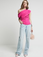 River Island Pink Bright Off Shoulder Drape Top - Image 1 of 4