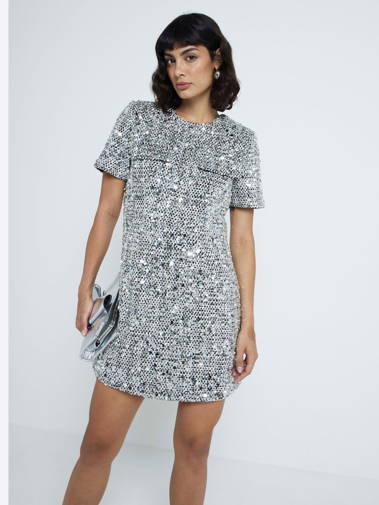 River Island Silver Boucle Shift Dress - Image 1 of 5