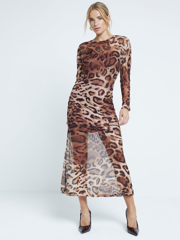 River Island Brown Leopard Print Mesh Maxi Dress - Image 1 of 4 River Island Brown Leopard Print Mesh Maxi Dress - Image 1 of 4
