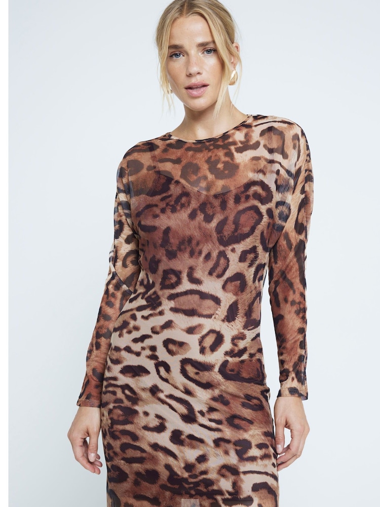 River Island Brown Leopard Print Mesh Maxi Dress - Image 2 of 4