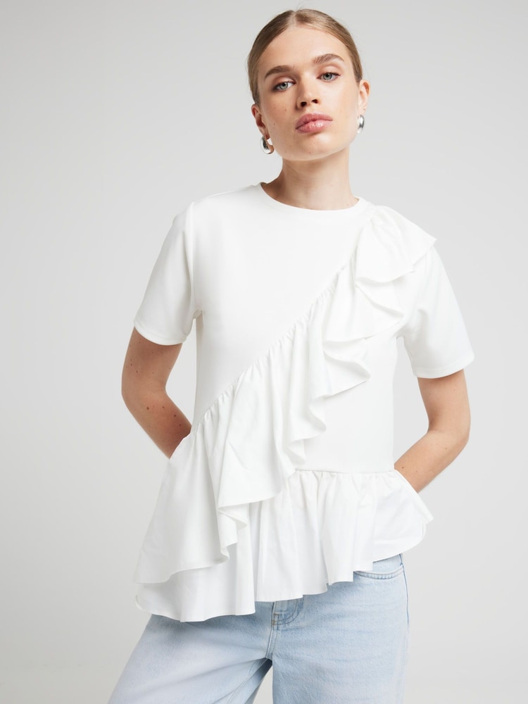 River Island White Poplin Frill T-Shirt - Image 1 of 6