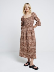 River Island Brown Shirred Midi Dress - Image 1 of 6